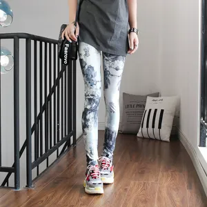 Damen Hohe Elastische Verkürzte Leggings Abstrakte Spritztinte Druck Slim Stretch Hosen