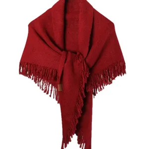 Autumn winter women knitted fringe triangular shawl solid color warm thick scarf outerwear