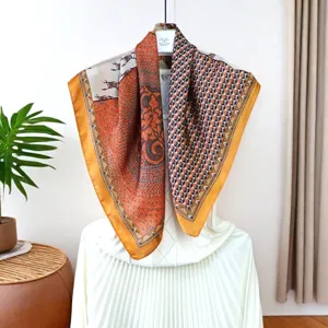Elegant imitation silk square scarf featuring classic carriage and geometric chain patterns.