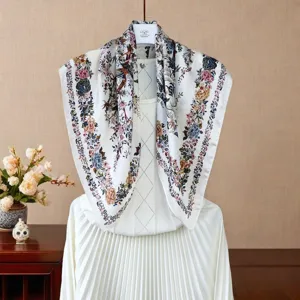 Chic imitation silk square scarf with elegant floral and bird print, versatile fashion neck accessory.