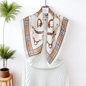 Classic check and equestrian print silk square scarf, elegant neck accessory for women.