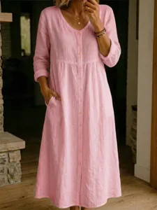 Women Casual Long Sleeve Cotton Linen Maxi Dress V Neck Single Breasted Loose Solid Color Pocket Long Dress