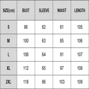 Size chart details showing bust, sleeve, waist, and length measurements for women winter coat.