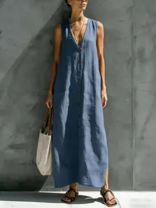 Details of the stylish blue linen V-neck sleeveless long dress with front buttons.