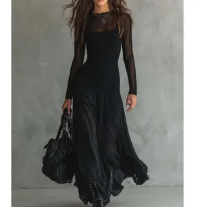 Women's Long Sleeve Mesh Splicing Maxi Dress Elegant Slim Fit Crew Neck High Waist Solid Color Casual Long Dress