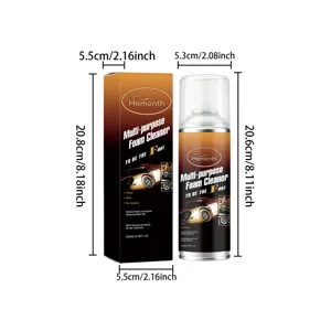 Detailed dimension view of HOMONTH multi-purpose car interior foam cleaner spray bottle and box.