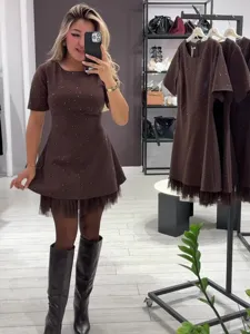 Damen Casual Slim Fit Kurzarm Rundhals Kleid Einfarbig Hotfix Strass Netz Spleißen Mini Kleid