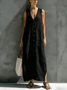 Details of women sleeveless v-neck button long linen dress in black color for daily wear.