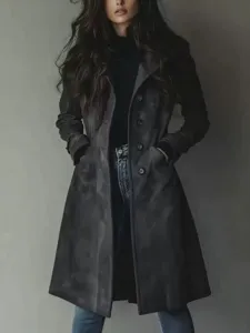 Women's Fashion Autumn Winter Long Suede Trench Coat Lapel Single Breasted Outerwear