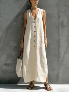 Women's Casual Cotton Blend V-Neck Single-Breasted Sleeveless Loose Maxi Dress Elegant Solid Color Long Dress