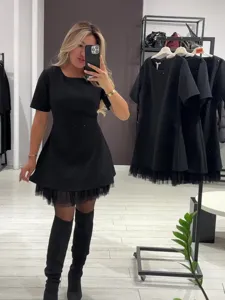 Damen Kurzarm Strass Schwarzes Minikleid mit Tüll Saum elegantes Partykleid neu!