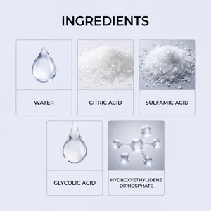 Gedetailleerde productingrediëntenoverzicht met water, citroenzuur en actieve chemische formules.