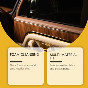 Car interior cleaning detail shot showing foam cleansing action and multi-material safe formula.