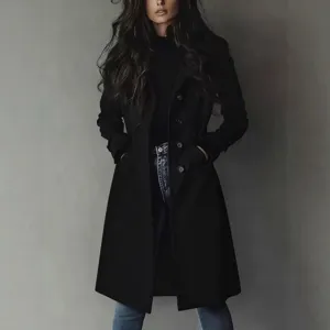 Women long lapel faux suede trench coat black autumn winter outerwear main view