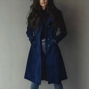 Women navy blue suede long trench coat casual elegant autumn winter fashion outerwear.
