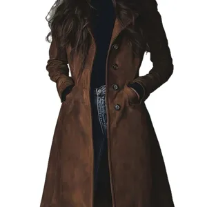 2025 high quality women brown suede trench coat long lapel autumn winter jacket outerwear