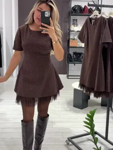 Braunes kurzes Strass-Minikleid mit Netzspitze Saum figurbetontes Sommerkleid elegant