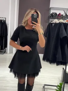 Schwarzes kurzes Strass-Enganliegendes Minikleid mit Netzsaum für Damen elegante Kleidung