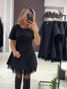 Elegantes schwarzes Minikleid mit Strass und Tüllsaum kurzem Ärmel figurbetont Damen