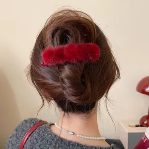 Christmas red plush hair claw clip retro fluffy shark clip elegant half up hair styling accessory