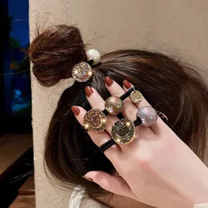 Korean Style Smiley Face Rhinestone Alloy Hair Tie Artificial Pearl Elastic Hair Ring Fashion Women Ponytail Holder Accessory