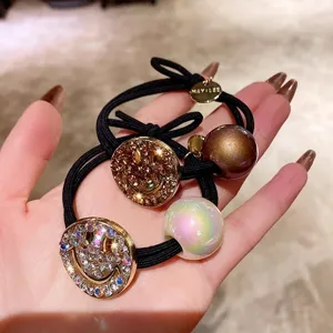 Fashion rhinestone metal smiley hair rope and pearl hair tie elastic band for women ponytail