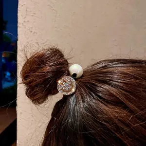 Pearl rhinestone smiley face hair tie for women, sparkling crystal hair rope ponytail holder.