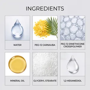 Infographie détaillée des ingrédients avec eau, cire de carnauba, huile minérale et polymères.