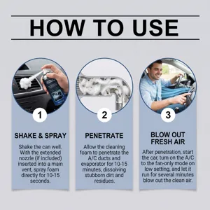 Car air conditioner cleaner foam for removing odors and mold, easy to use spray for vents.
