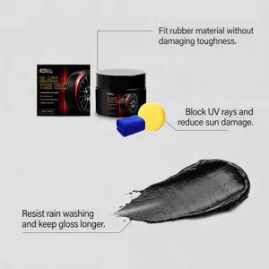 Cire noire pour pneu Rayhong 50g avec éponge et chiffon pour protection UV et brillance.