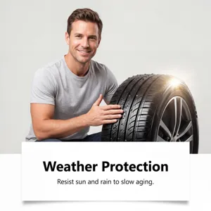Vue détaillée d'un pneu de voiture noir brillant avec protection contre les intempéries.