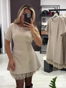 Damen Rundhalsausschnitt Kurzarm Strass Slim Fit Kleid mit Netzspitze Saum Detail.