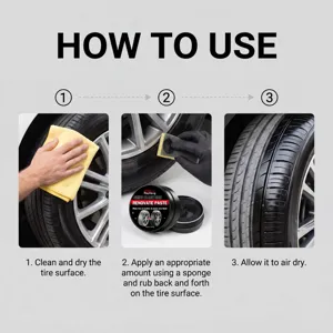 Tire renovator paste detail instruction graphic showing step by step cleaning and coating process.