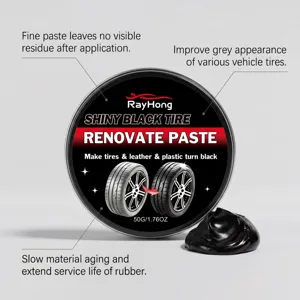 Detailed view of black tire renovate paste, 50g jar with smooth paste texture for car care.