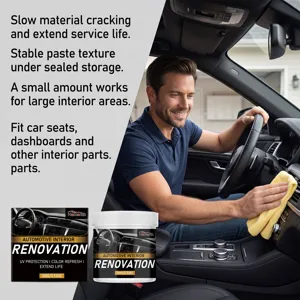 Car interior restoration paste for cleaning, dashboard care, and UV protection maintenance.