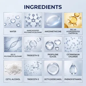 Detailed ingredients infographic showing water, silicones, and oils in a clean 3x4 layout.