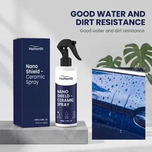 Botella de spray cerámico nano HOMONTH con caja que muestra resistencia al agua y suciedad.