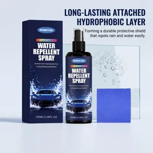 RONAVIA car glass water repellent spray detail showing 100ml bottle, box and cleaning cloth.