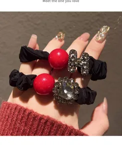 New year red pearl rhinestone hair tie luxury letter hair rope fashion ponytail holder for women