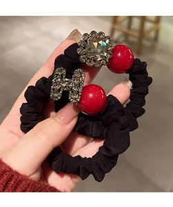 Red rhinestone letter hair scrunchy with pearls, black elastic hair rope for women ponytail.
