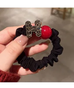 New Year red pearl rhinestone letter hair scrunchie elastic ponytail holder cute hair rope.