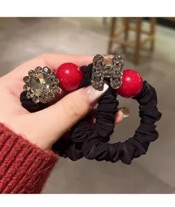 New Year red pearl rhinestone letter hair scrunchie elastic hair tie ponytail holder