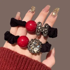 New Year Red Artificial Pearl Rhinestone Letter Hair Rope Elastic Hair Band Scrunchie Women Fashion Hair Accessories