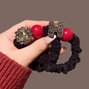 New Year red pearl rhinestone letter hair tie, high elastic black rubber band ponytail holder.
