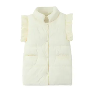 Women winter casual stand collar sleeveless ruffle padded cotton vest cream white