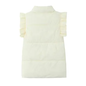 Cream white padded cotton vest detail view, featuring stand collar and ruffle sleeves.