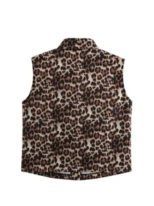 Détail du dos du gilet imprimé léopard femme, veste sans manches mode décontractée printemps.