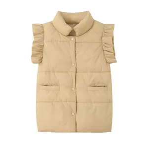 Details of women's beige puffer vest with chic ruffle sleeves, stand collar and snap buttons.