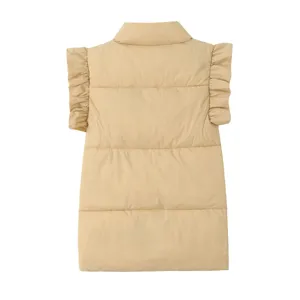 Casual khaki puffer vest for women featuring trendy ruffled cap sleeves and cozy high collar.