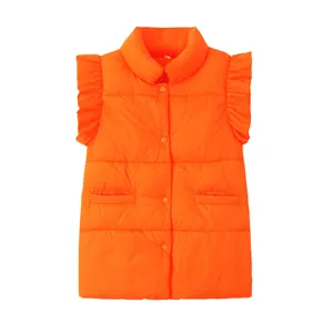 Bright orange padded cotton vest featuring a stylish stand collar and cute ruffled fly sleeves for women.